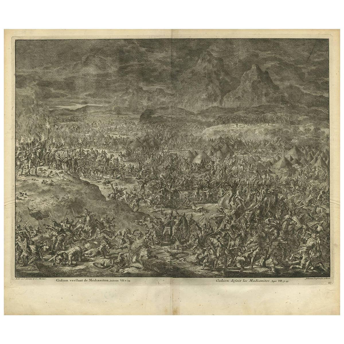 Antique Bible Print Gideon Defeats the Midianites by J. Luyken, 1743