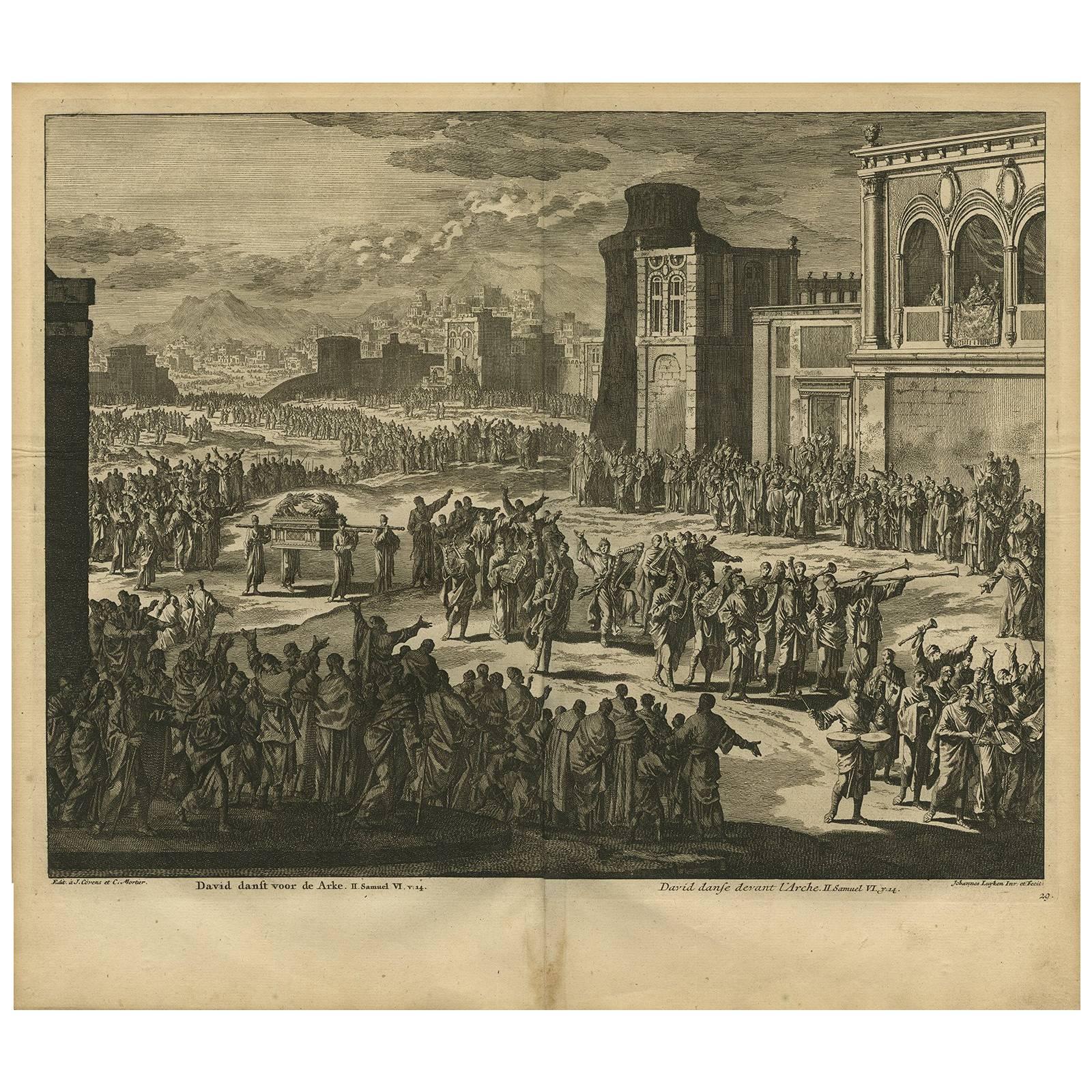 Grabado antiguo de la Biblia David bailando por el Arca por J. Luyken, 1743 en venta