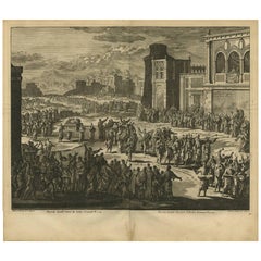 Antiker antiker Bibeldruck David tanzend für die Arche von J. Luyken, 1743
