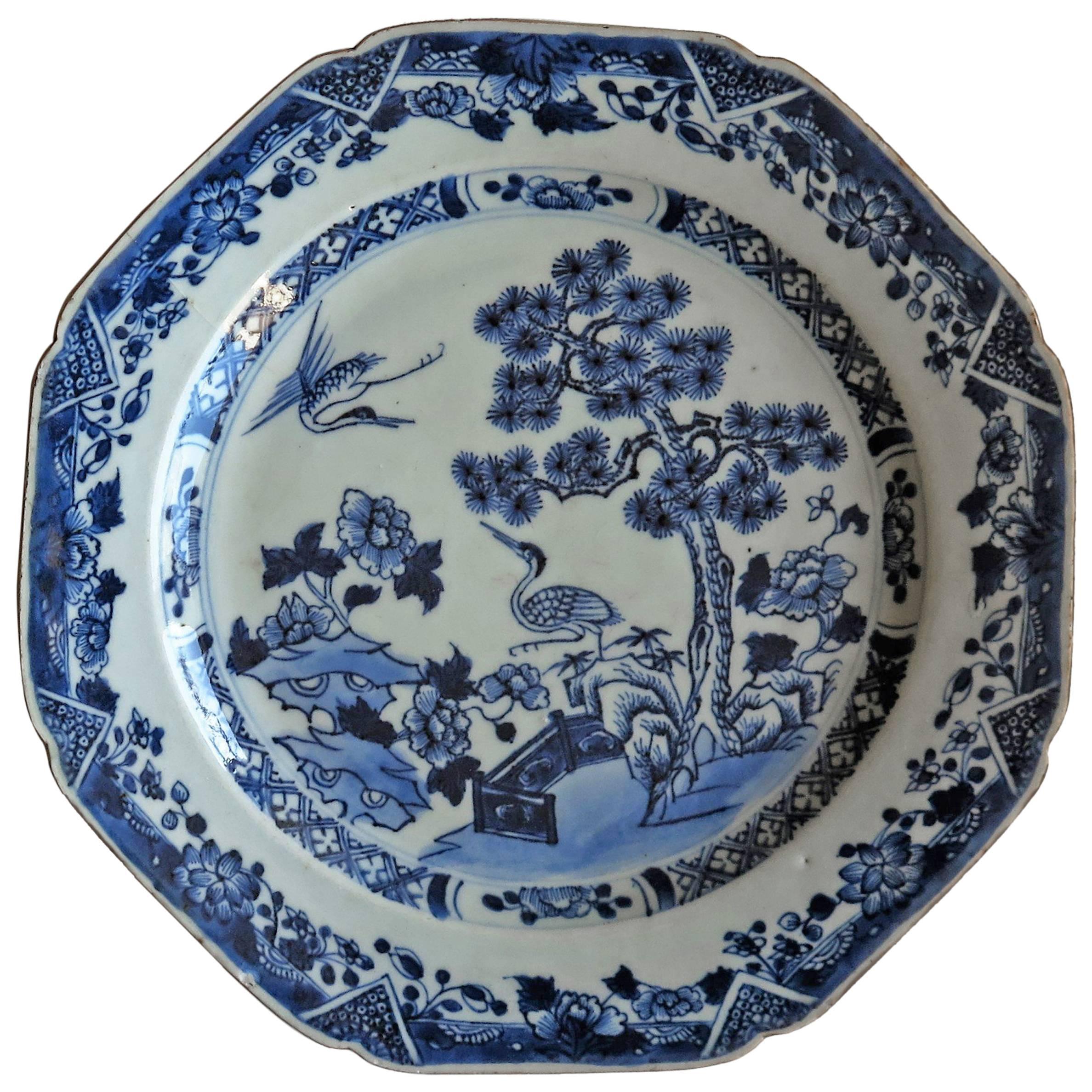 18th Century Chinese Porcelain Plate Blue and White Two Storks Qing Qianlong