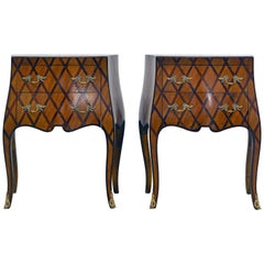 Early 20th Century Italian Louis XV Style Lattice Parquetry Bombe Commodes, Pair