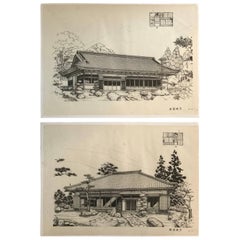 Japan Fine Pair of Vintage Building Prints, Mid-Century Modern