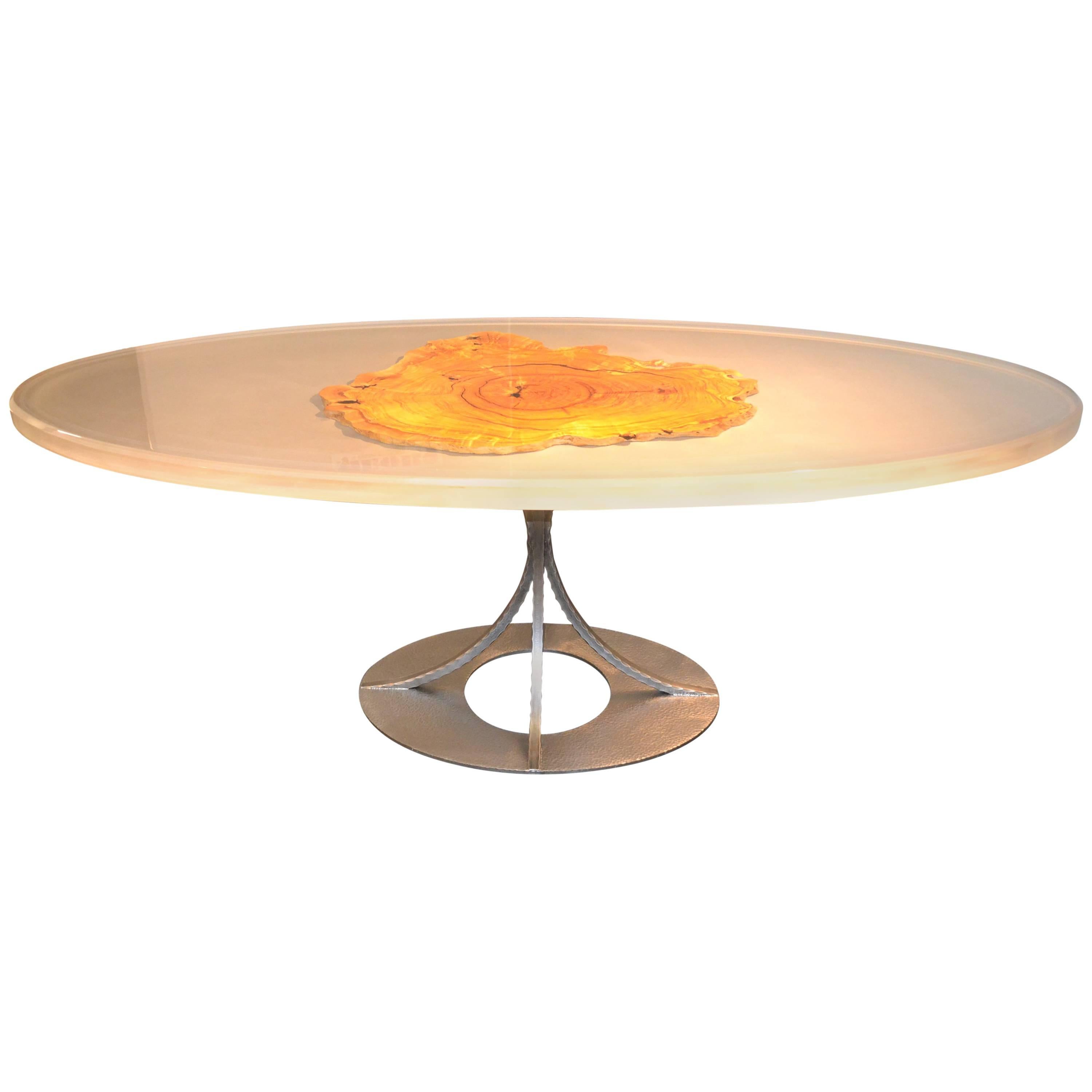 Contemporary Epoxy Resin Oval Dining Table with a Slice of Olive Tree Trunk For Sale