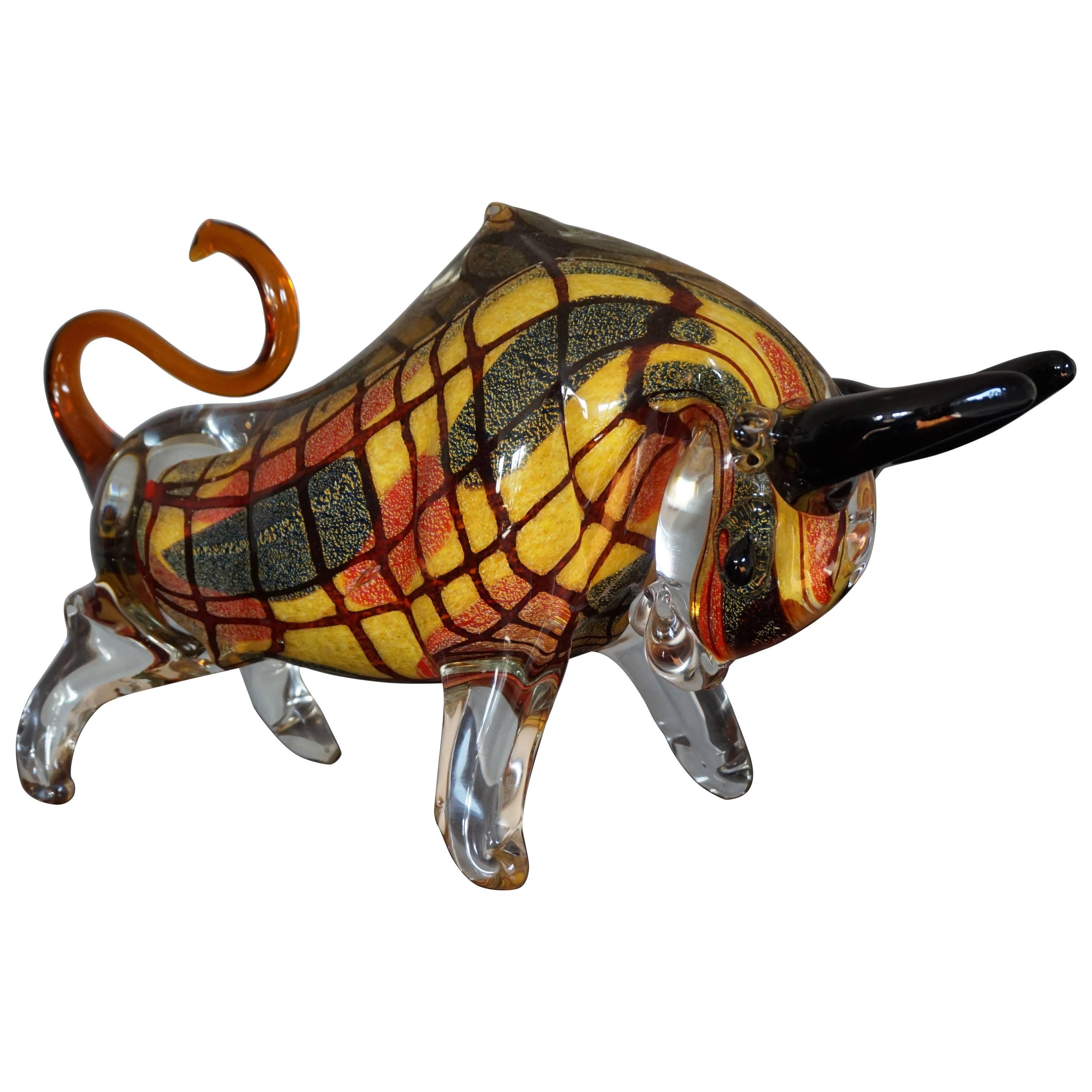 Stunning and Mint Murano Glass Art Sculpture 20th Century Charging Bull