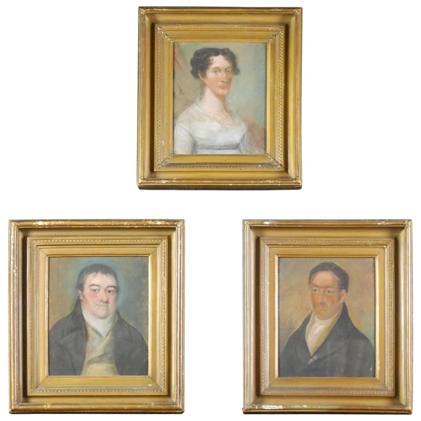 Collection of Three Early 19th Century Naive Family Pastel Portraits
