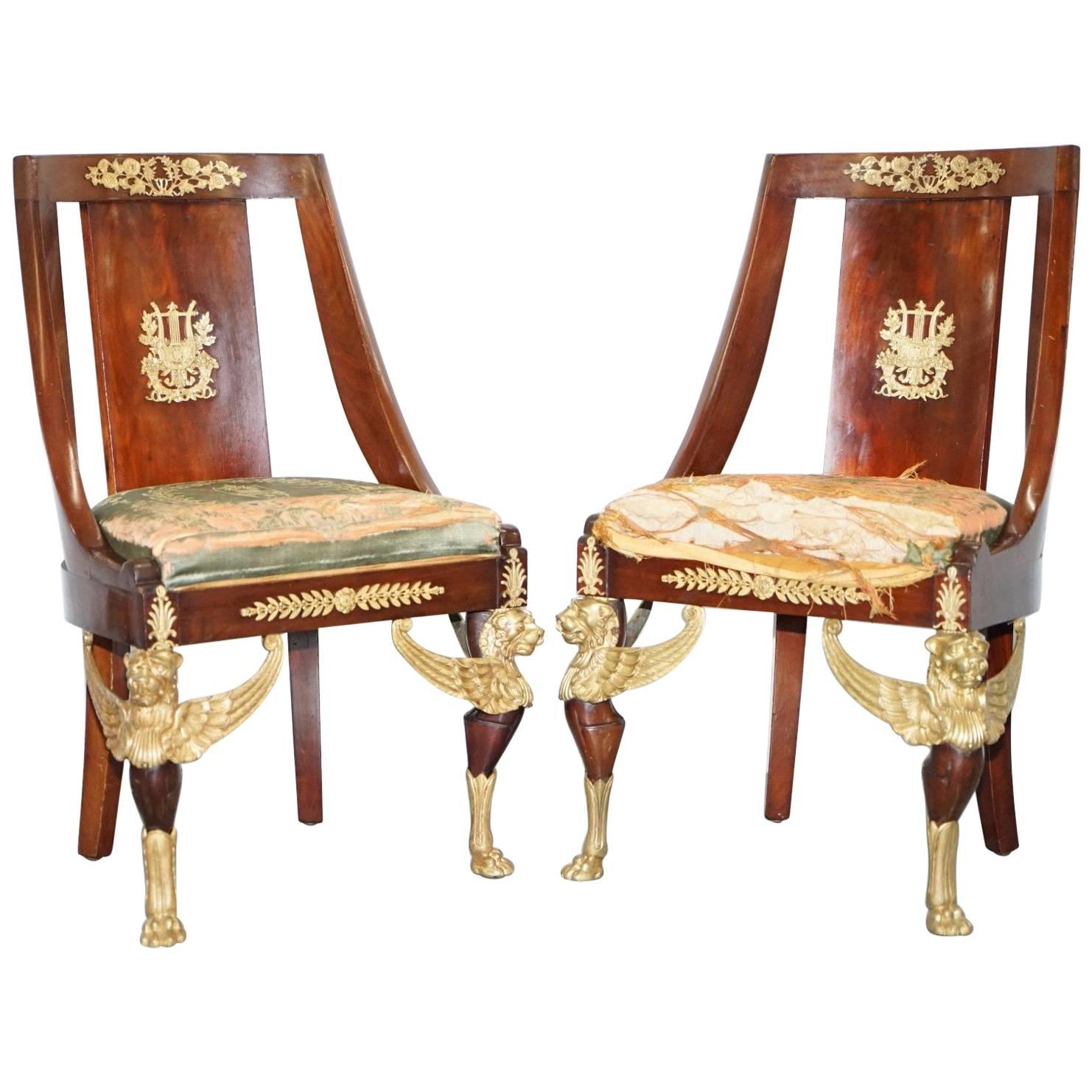 Antique French Sleigh Back Second Empire circa 1852 Mahogany Chairs Period Pair