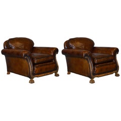 Vintage Pair of circa 1910 Satinwood Claw & Ball Feet Hand Dyed Leather Club Armchairs