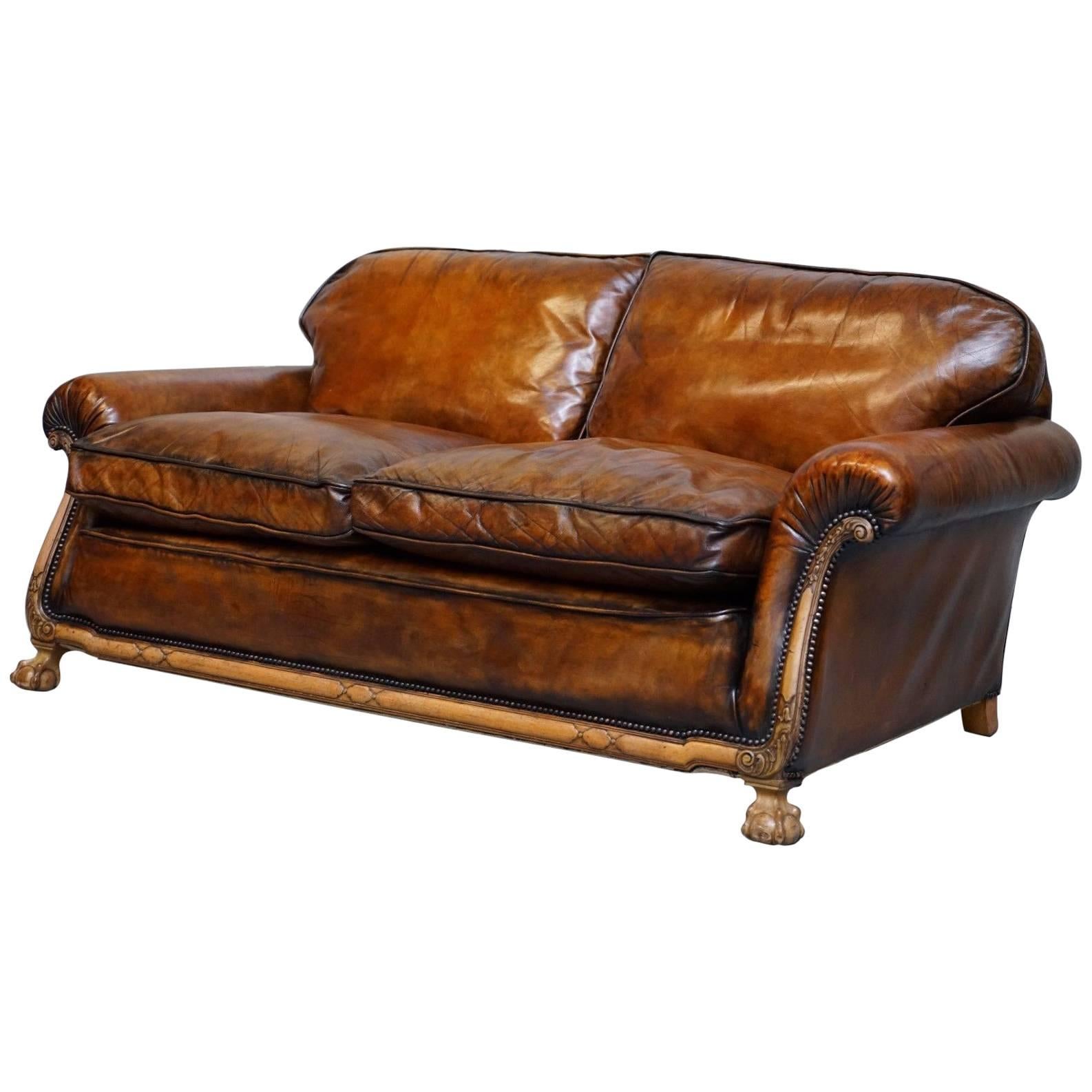 Stunning Aged Brown Leather, circa 1910 Satinwood Claw & Ball Feet Leather Sofa