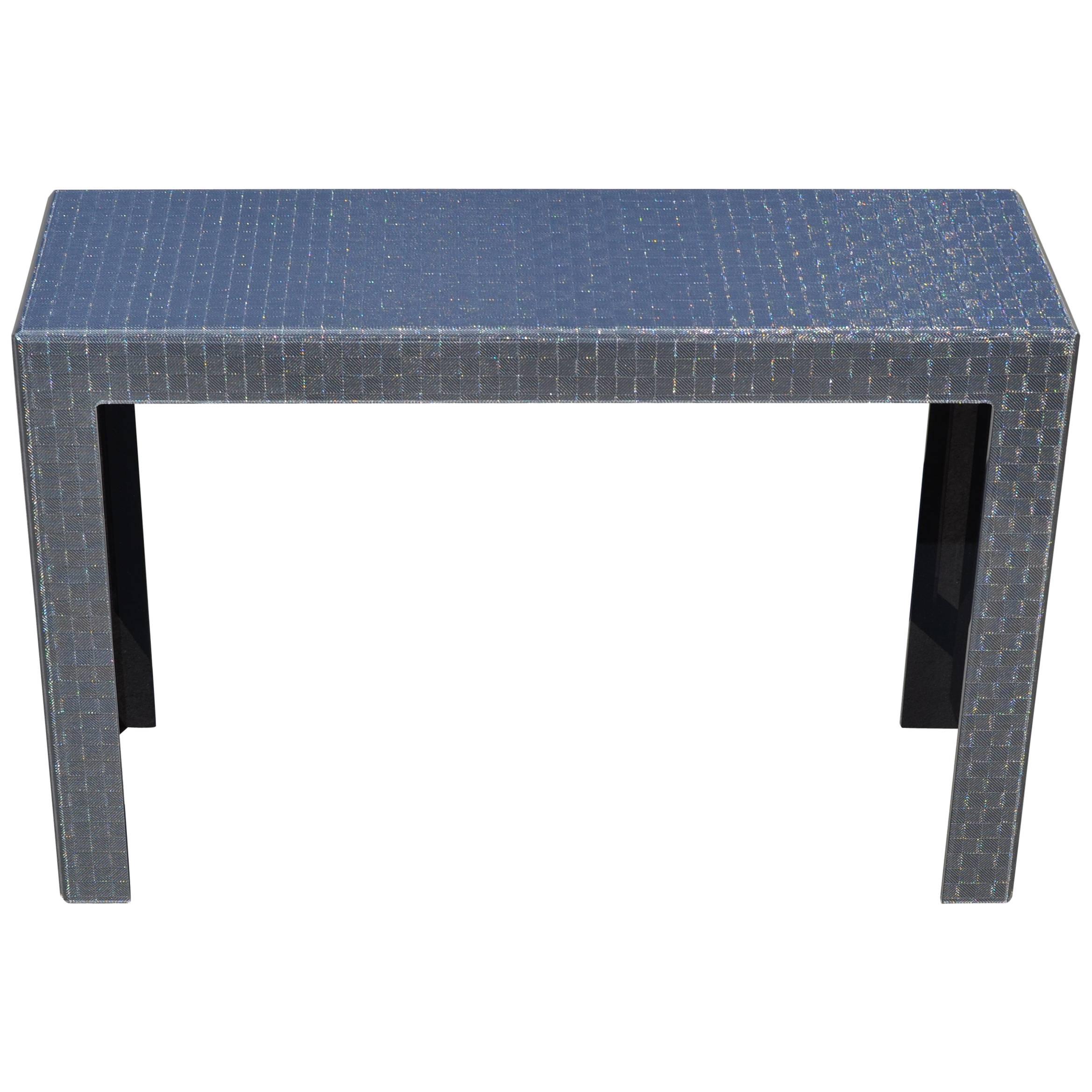 Modern Plexiglass Console Table with Anthracite Grey Metal Mesh Inlay For Sale
