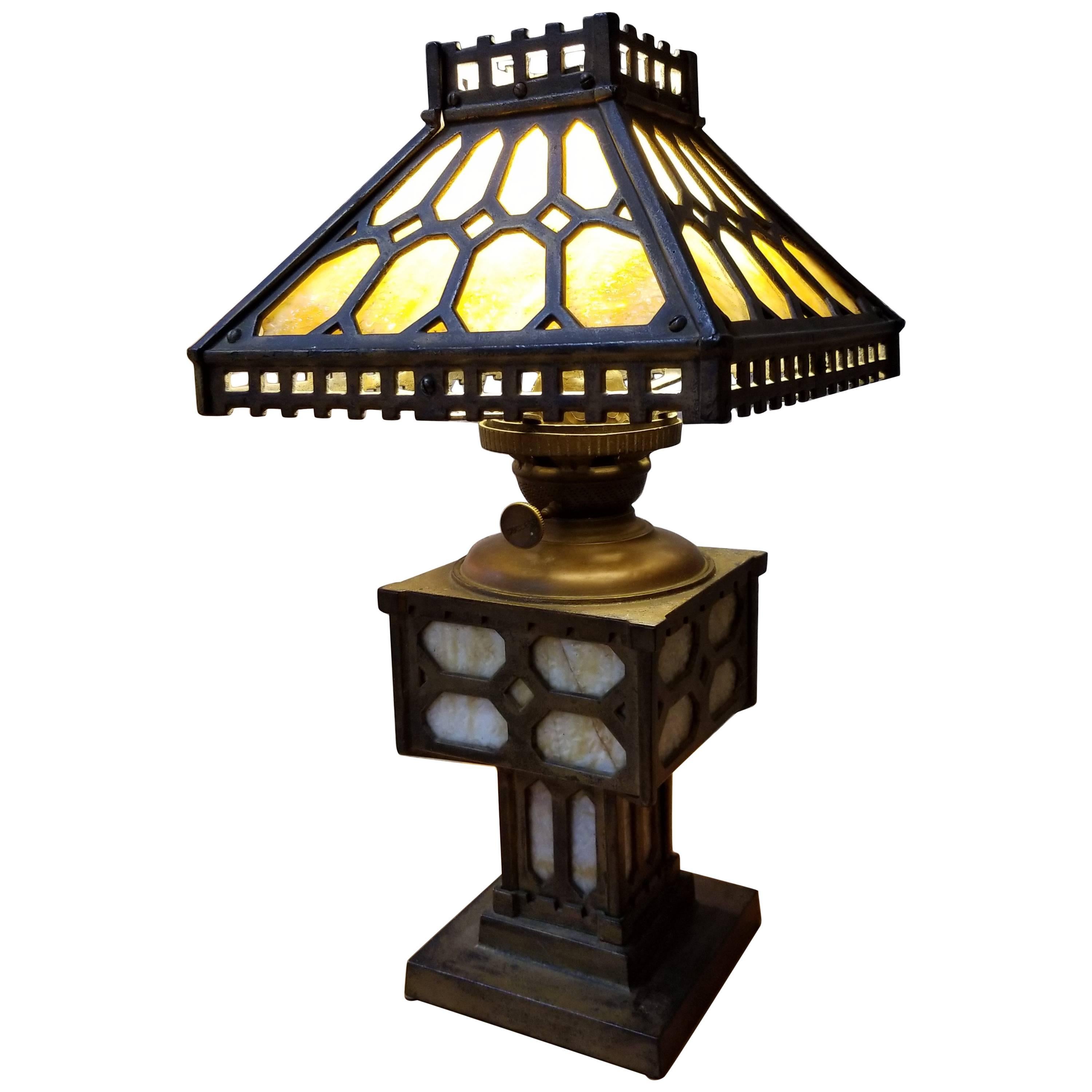 Arts & Crafts Slag Glass and Iron Table Lamp For Sale