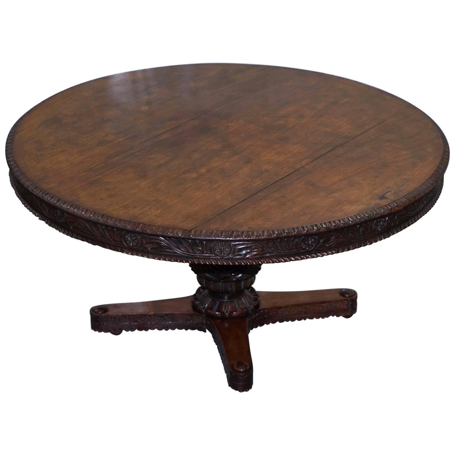 Very Rare 19th Century Hand-Carved Wood Anglo-Indian Padouk Dining Center Table