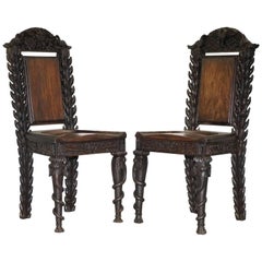 Antique Rare Pair of Anglo-Indian Elephant Chairs, Highly Carved with Birds Flowers