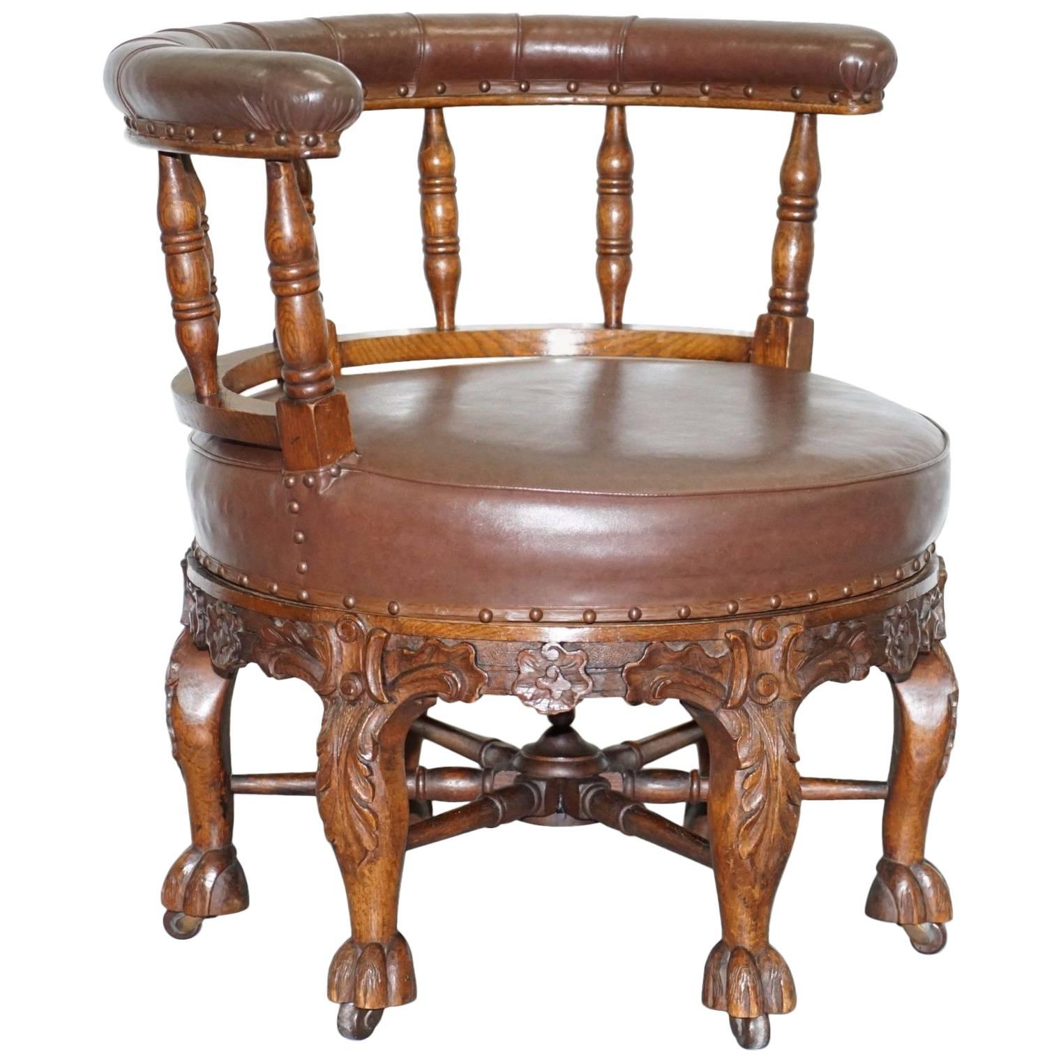 Fully Stamped 1860 Antique Dutch Colonial Burgermeister Captains Swivel Chair