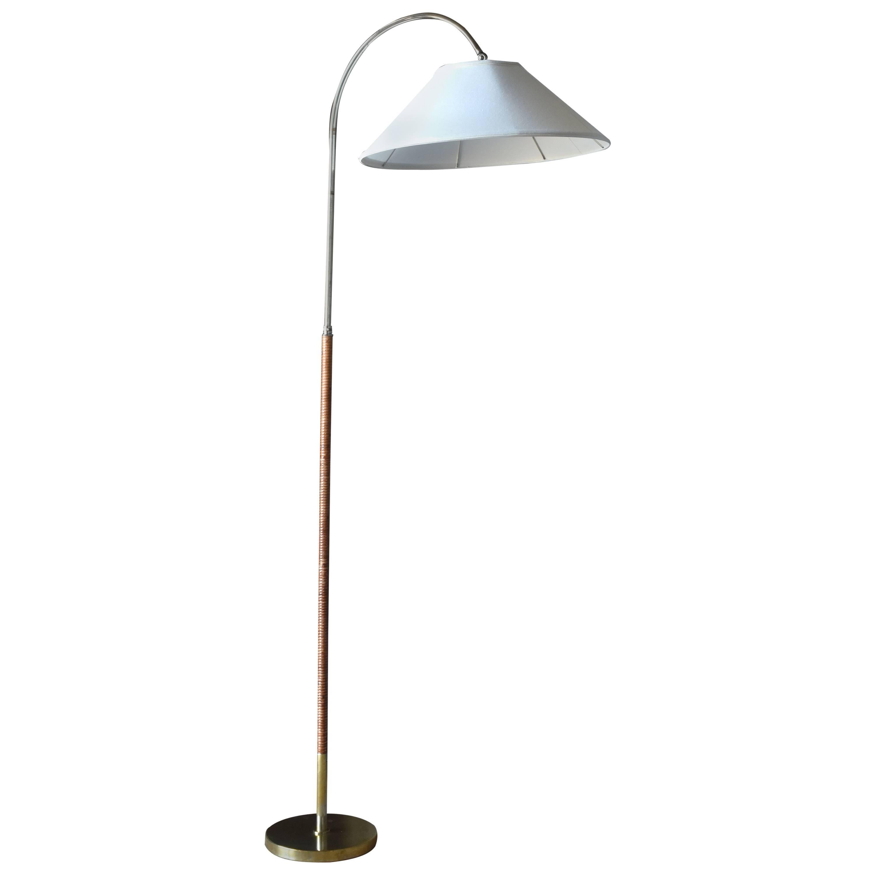 Paavo Tynell, Adjustable Floor Lamp, Brass, Chromed Steel, Rattan 1930s