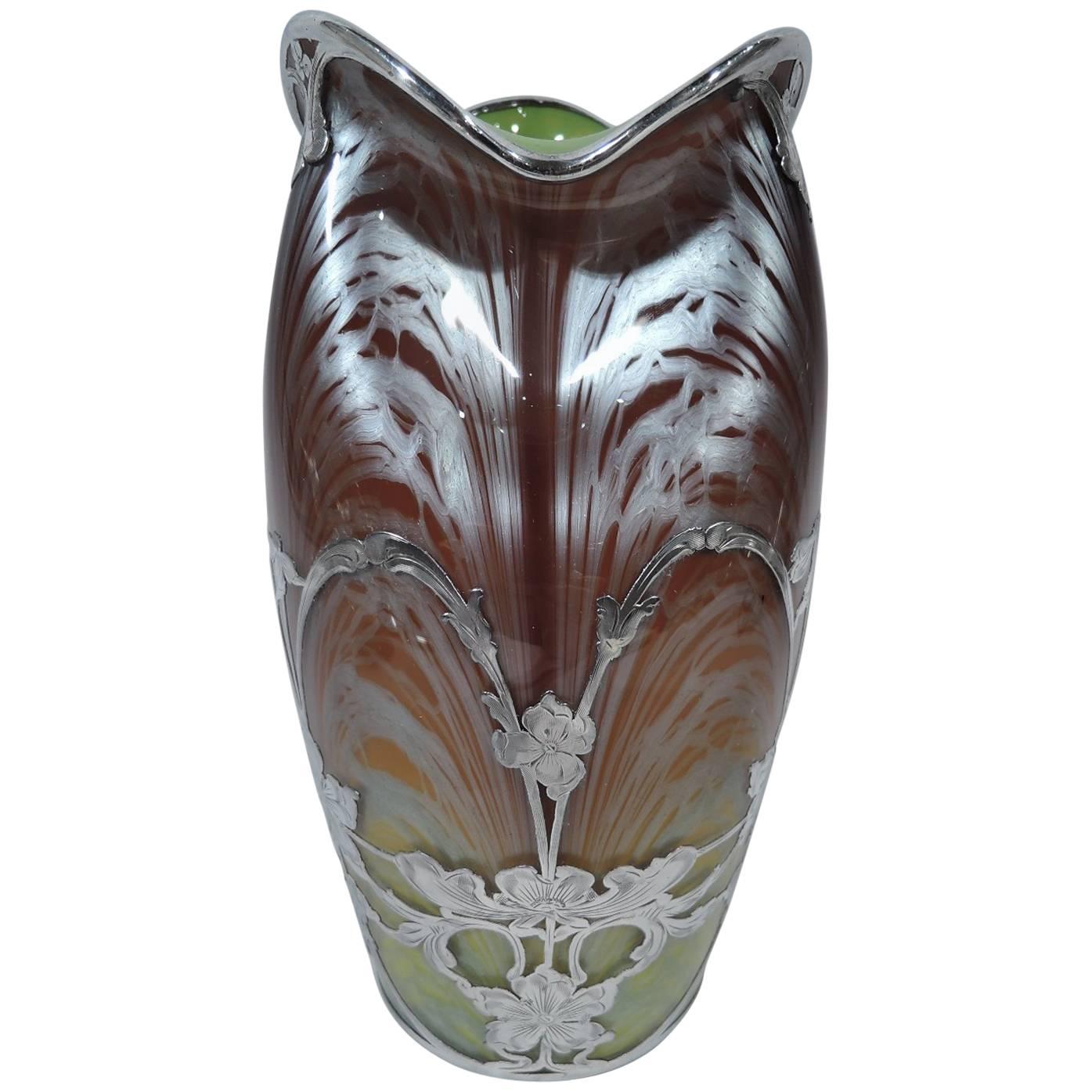 Beautiful Loetz Carrageen Art Glass Vase with Silver Overlay