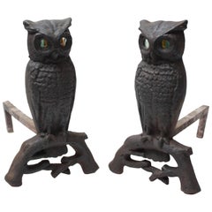 Vintage 1930s Cast Iron Owl Andirons with Glass Eyes