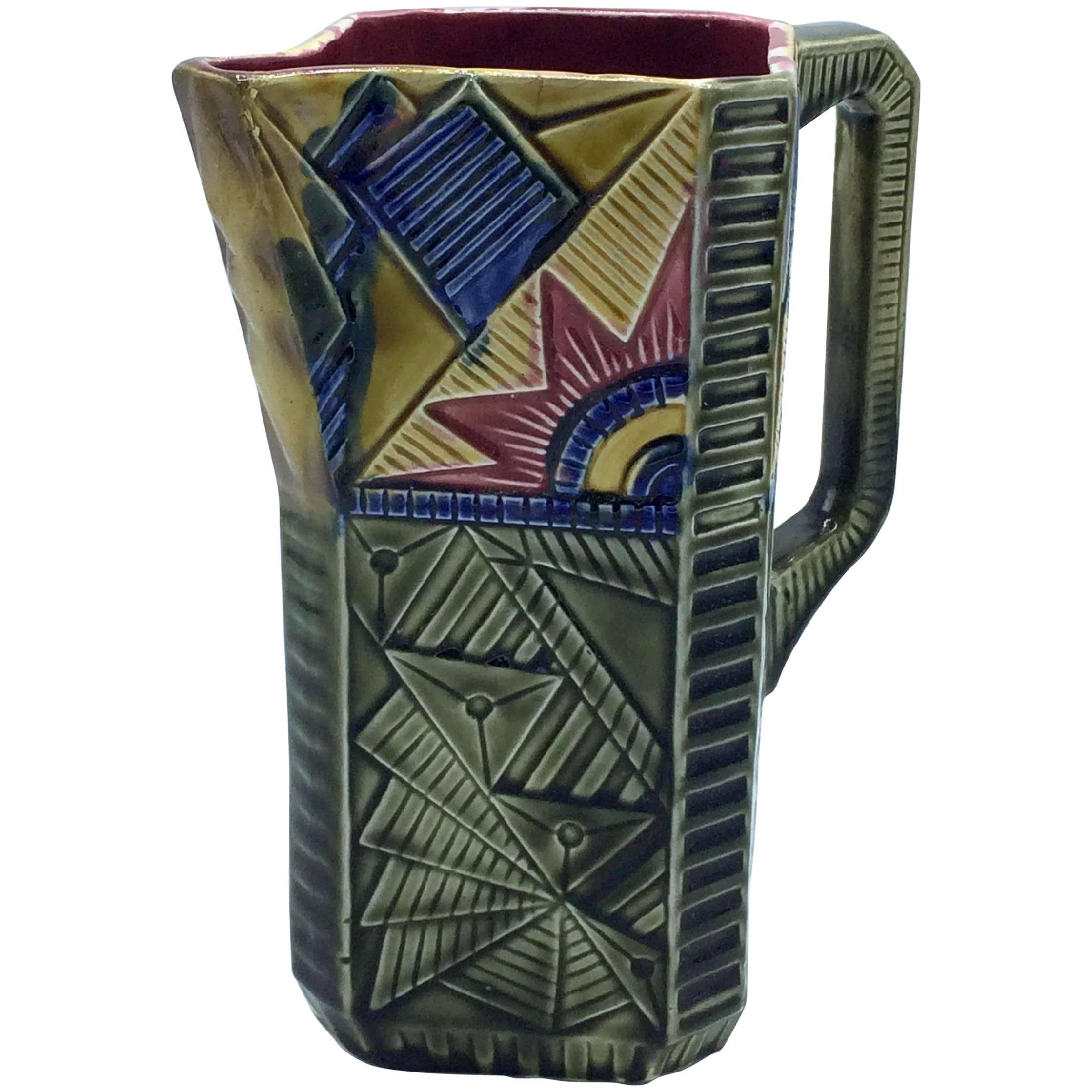 Art Deco Majolica Pitcher by Frie Onnaing, France For Sale
