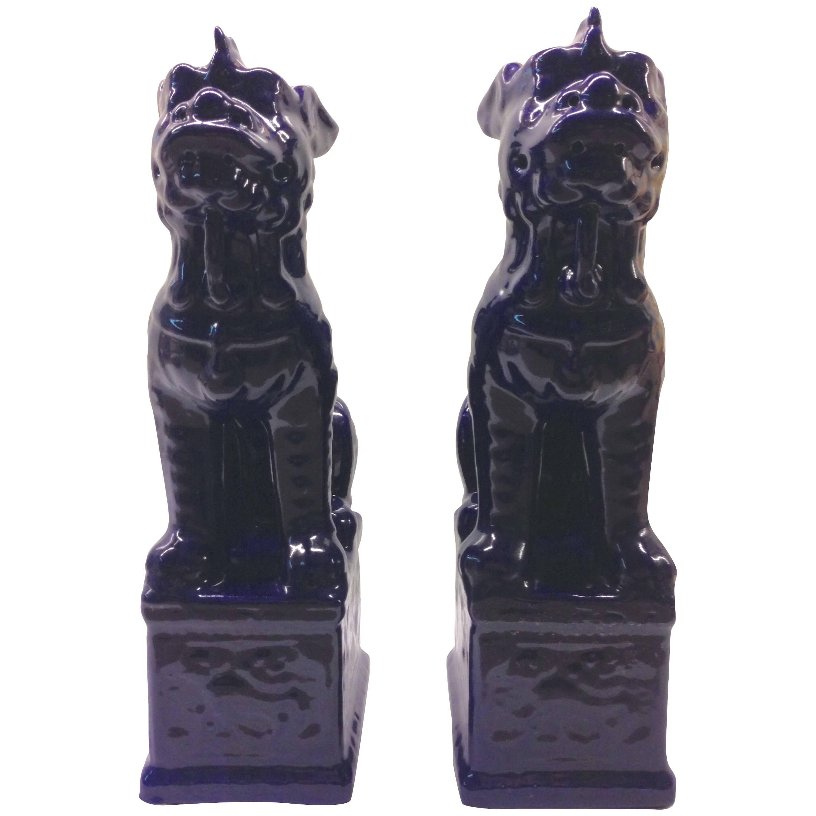 Contemporary Chinese Pair of Large Cobalt Ceramic Foo Lion Sculptures For Sale