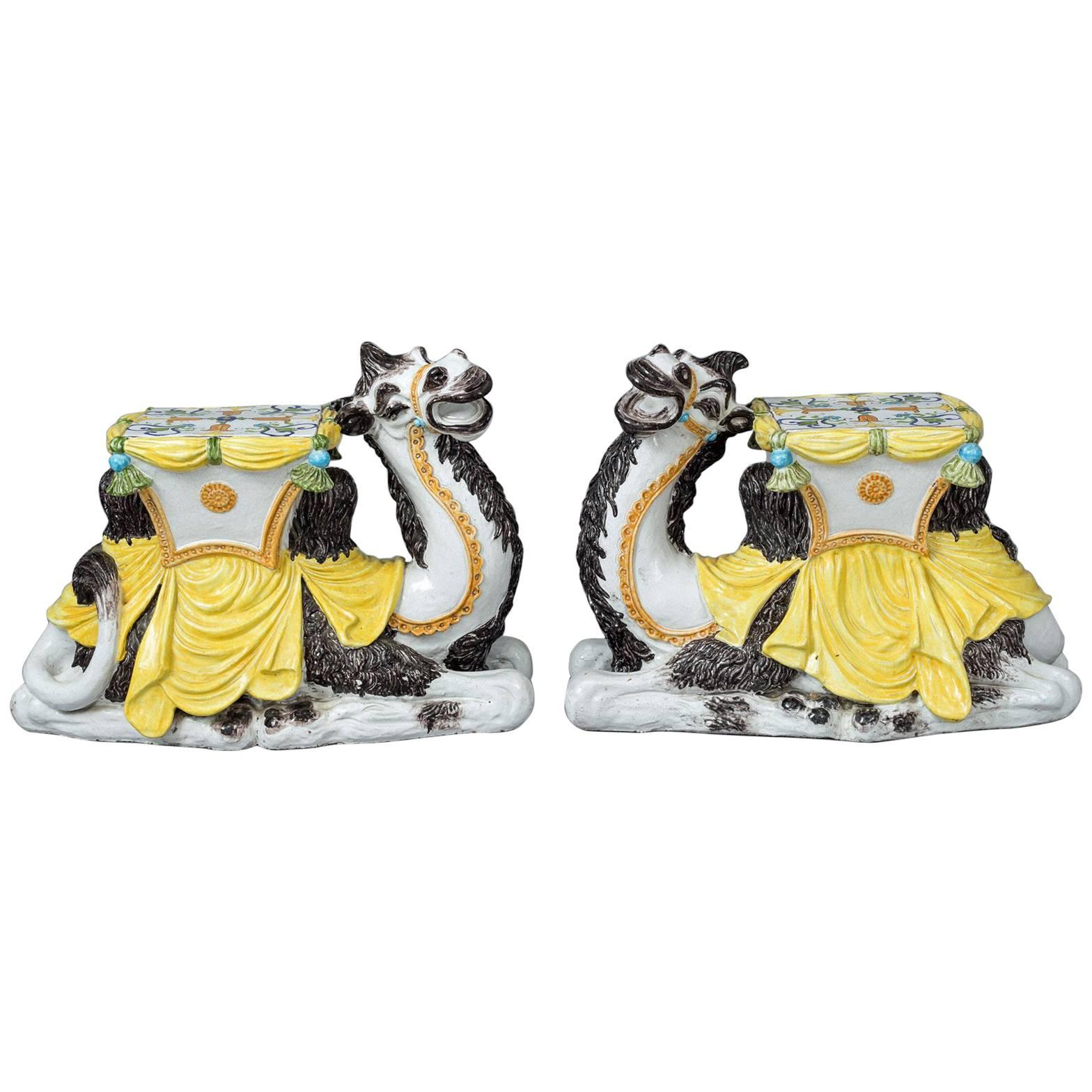 Pair of Italian Majolica Camel Side Tables or Garden Seat