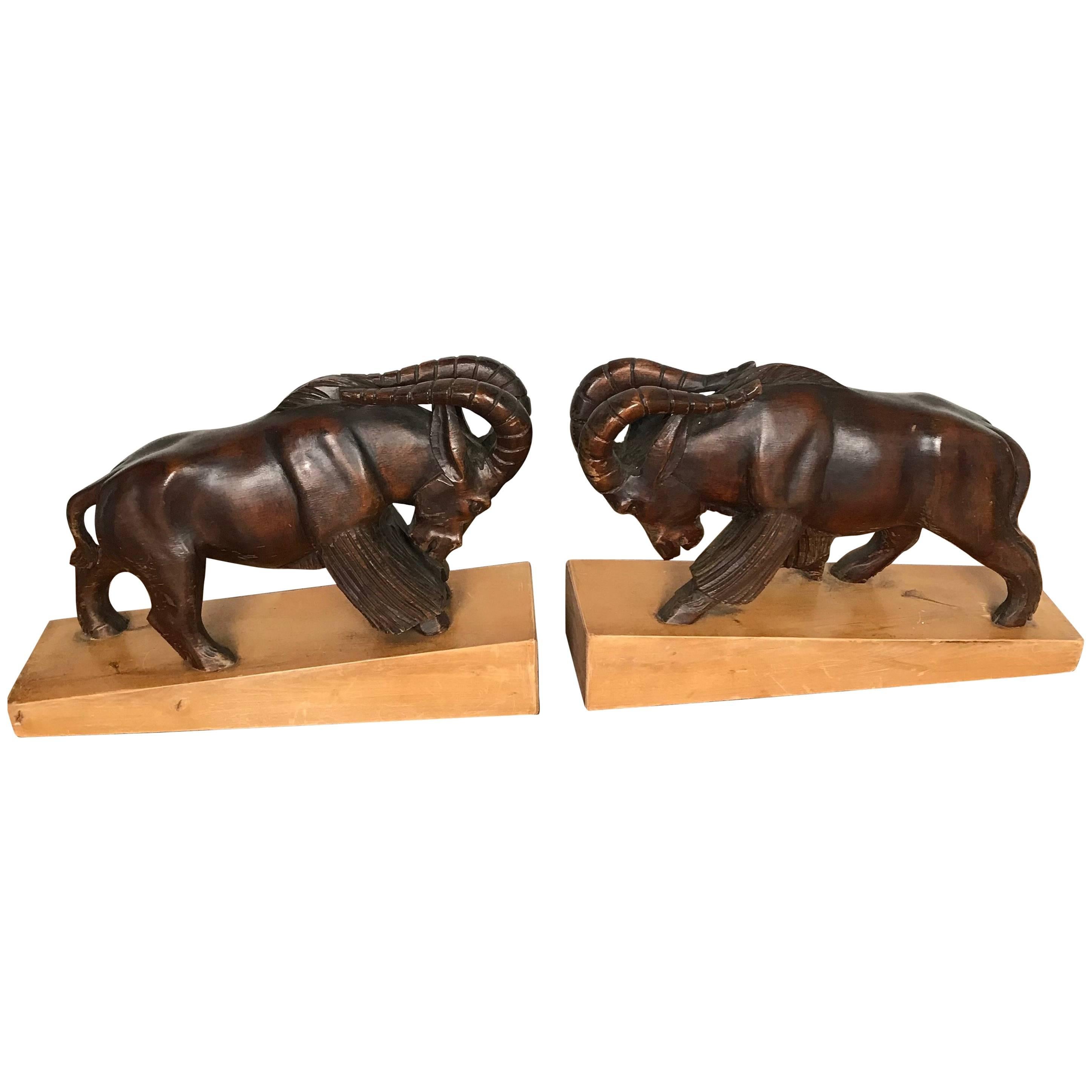 Large & Impressive Hand-Carved Wooden Pair of Fighting Ram Sculpture Bookends For Sale