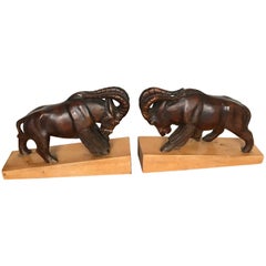 Antique Large & Impressive Hand-Carved Wooden Pair of Fighting Ram Sculpture Bookends