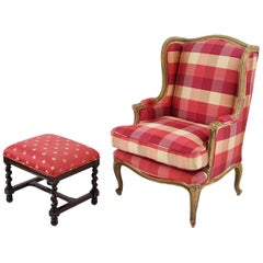 French Provincial Style Wingback Chair with Barley Twist Stool Newly Upholstered