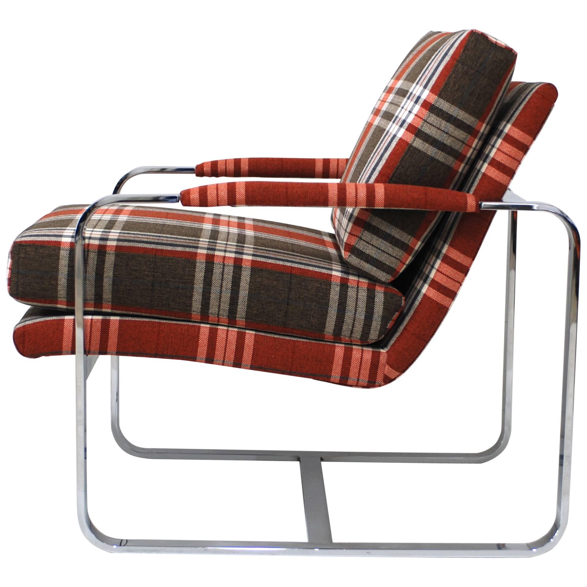 Chrome Milo Baughman Style Lounge Chair with Tartan Fabric