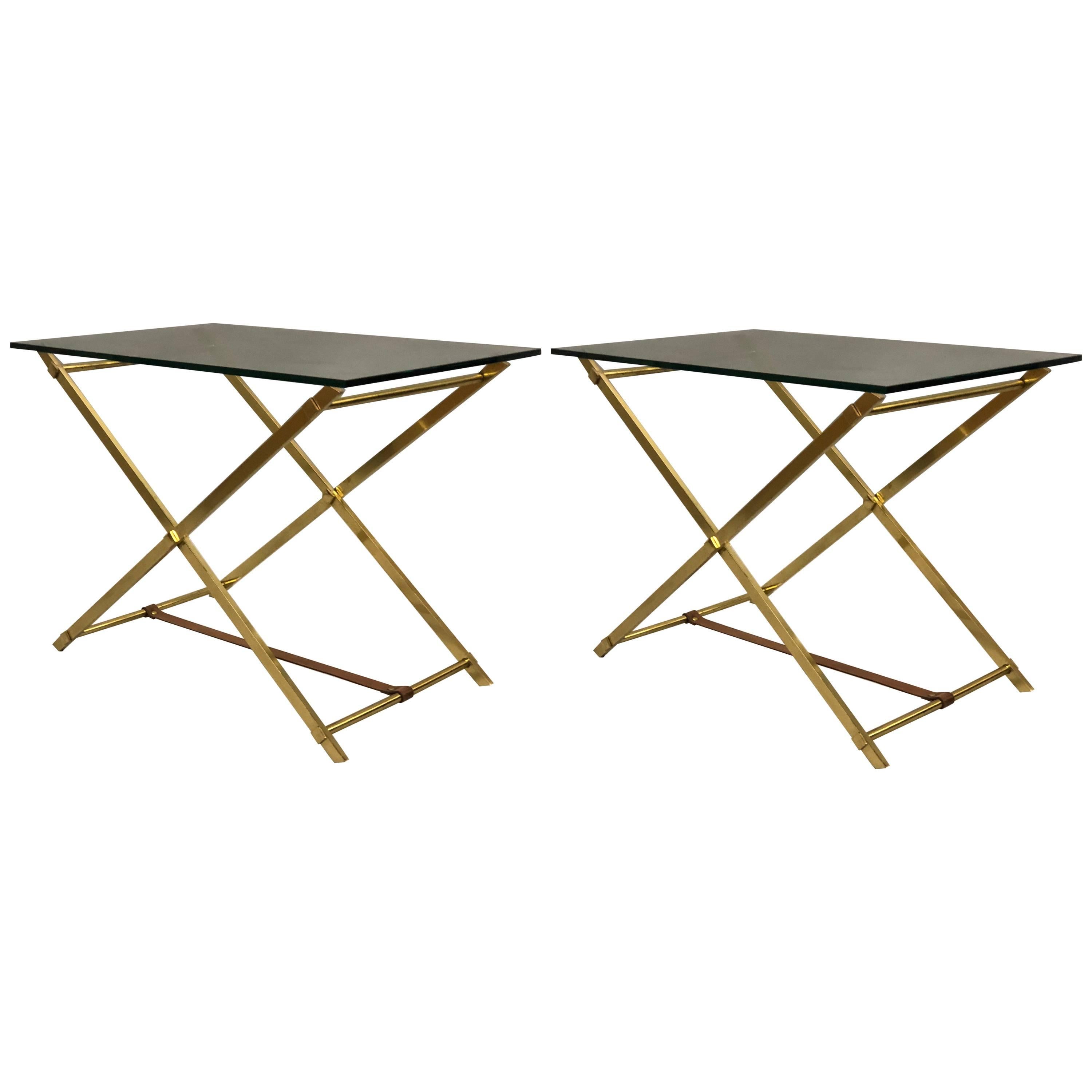 Pair of Mid-Century Modern Brass, Leather and Glass Side Tables by Hermes