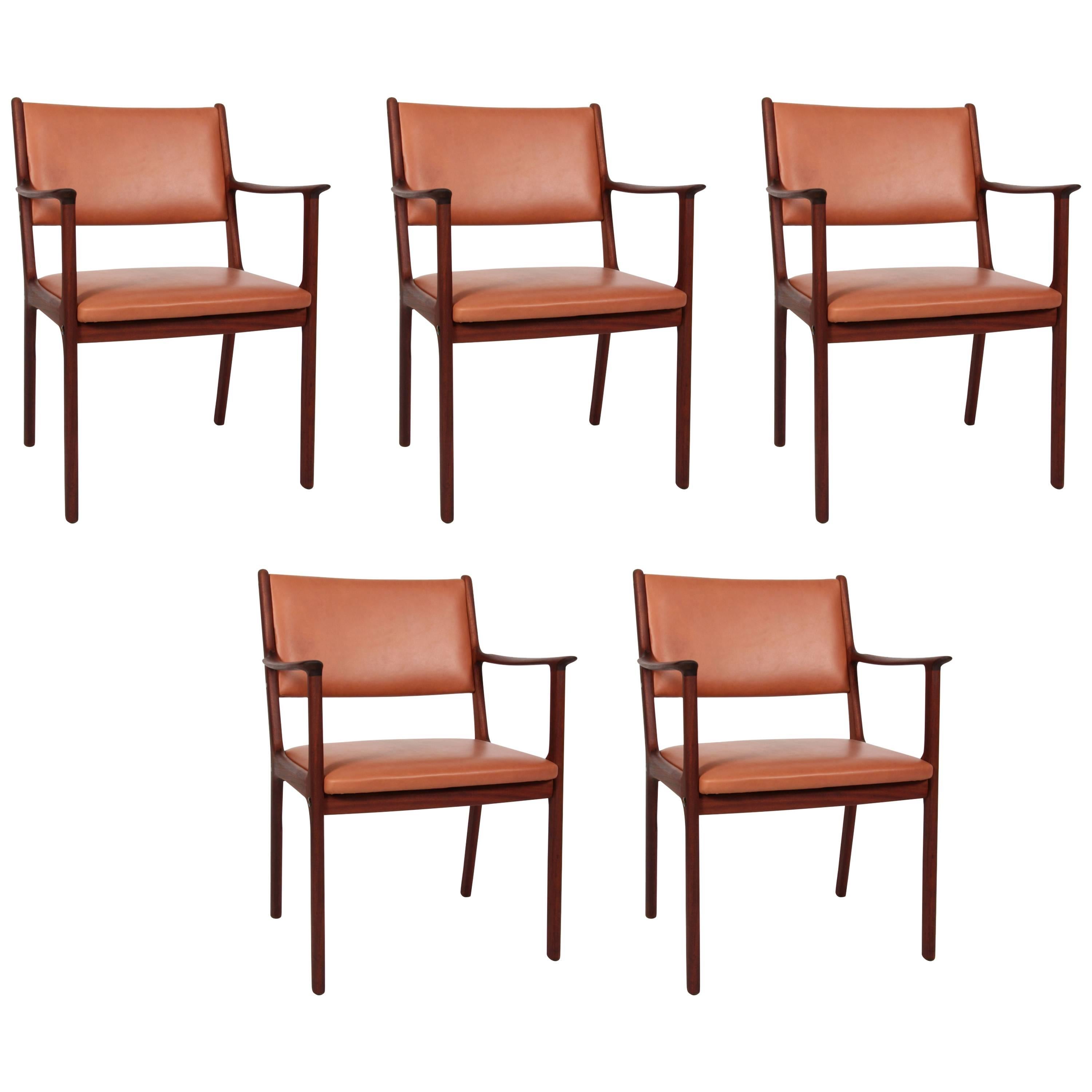 1950s Ole Wanscher Set of Five PJ 412 Armchair in Mahogany and Brown Leather For Sale