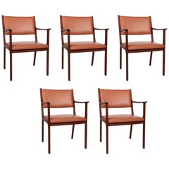 1950s Ole Wanscher Set of Five PJ 412 Armchair in Mahogany and Brown Leather