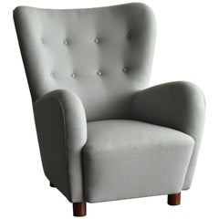 Erik Wørts, Armchair in Light Grey Fabric, Cuban Mahogany Legs, circa 1941