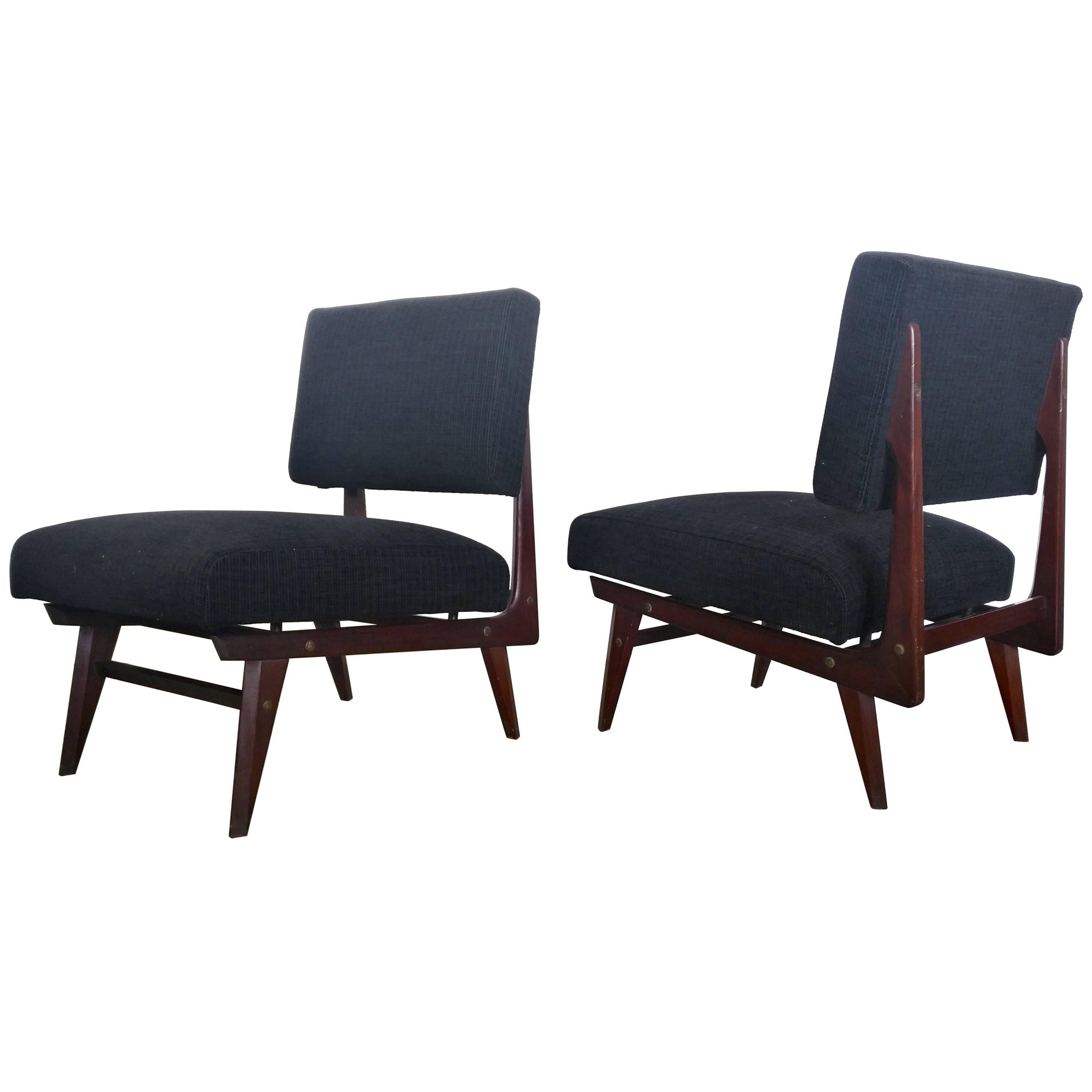 1950 "Dassi Arredamenti" Armchairs in Mahogany Wood and Black Velvet Seat For Sale