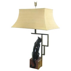 Retro 1950 Black Ceramic Table Lamp with Brass Frame