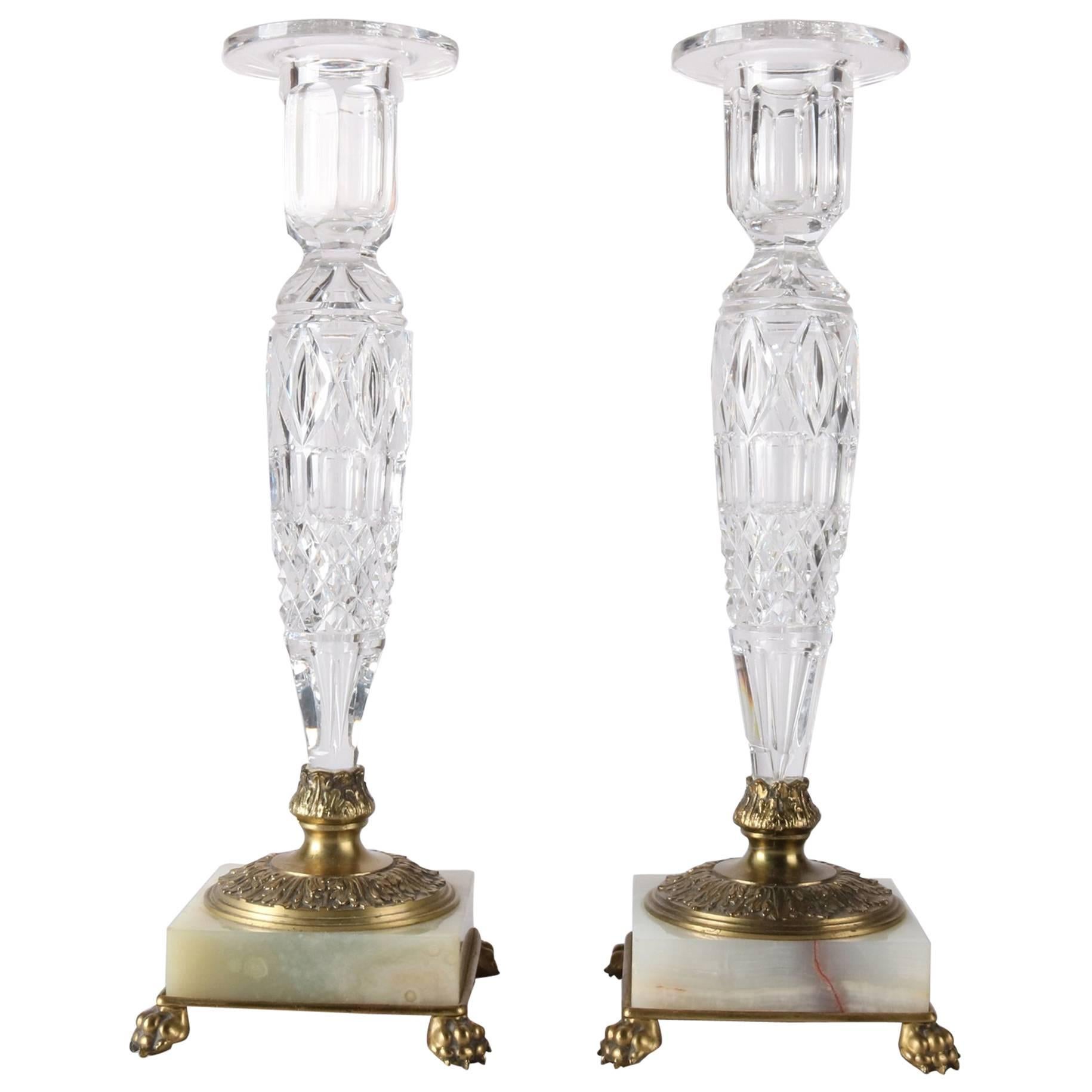 Pair of Antique Pairpoint Cut Crystal, Onyx and Brass Footed Candle Sticks