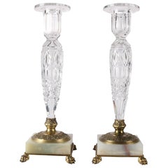 Pair of Vintage Pairpoint Cut Crystal, Onyx and Brass Footed Candle Sticks