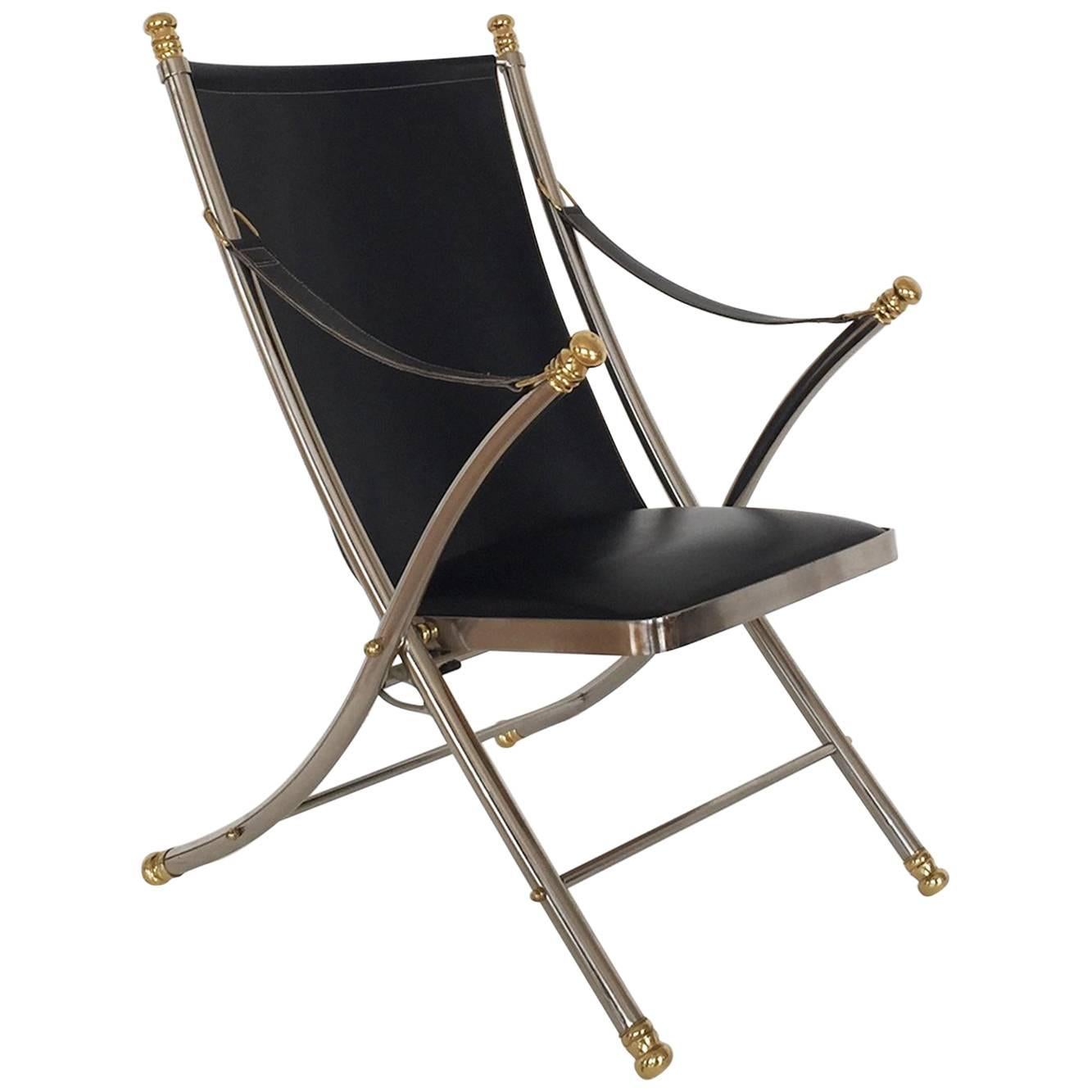 Folding Steel and Brass Campaign Chair by Maison Jansen, Italy, 1970s