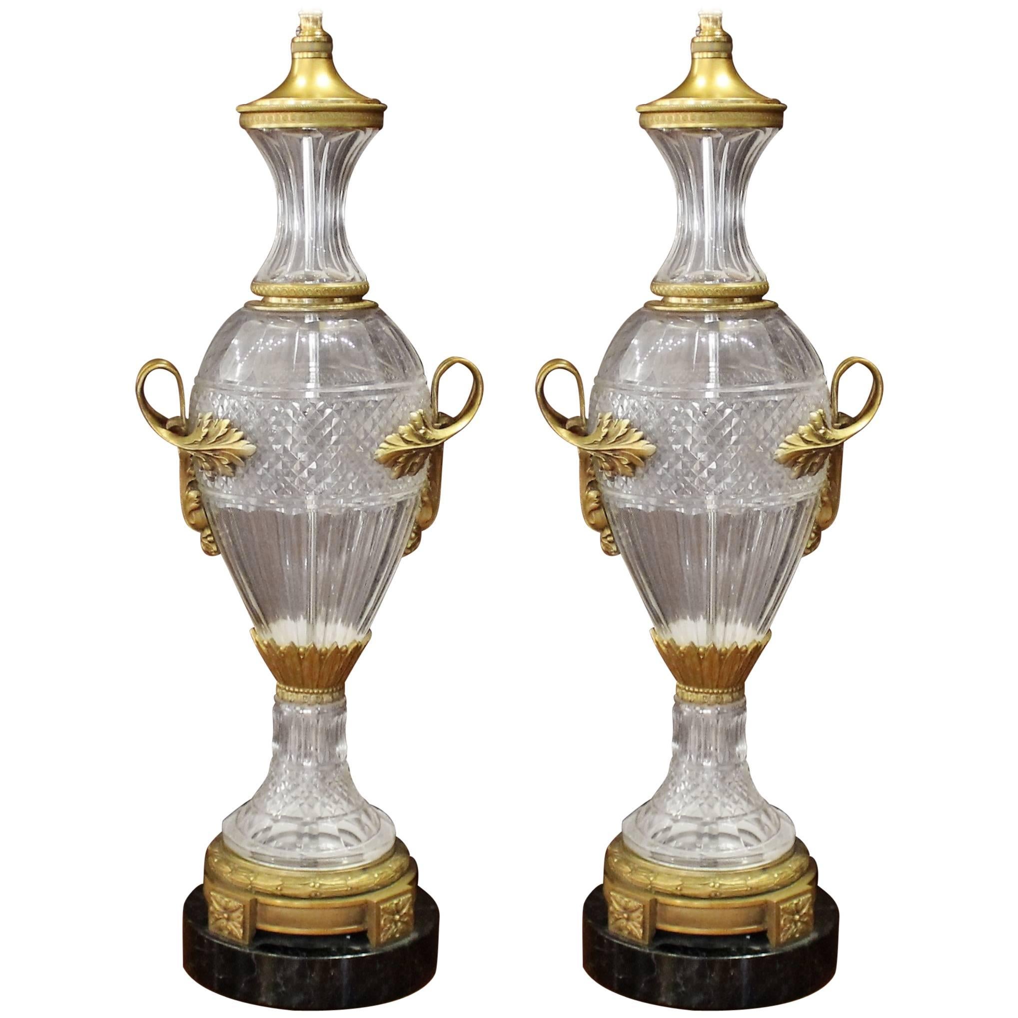 Pair of Louis XVI Style Cut Crystal Lamps with Gilt Bronze Mounts