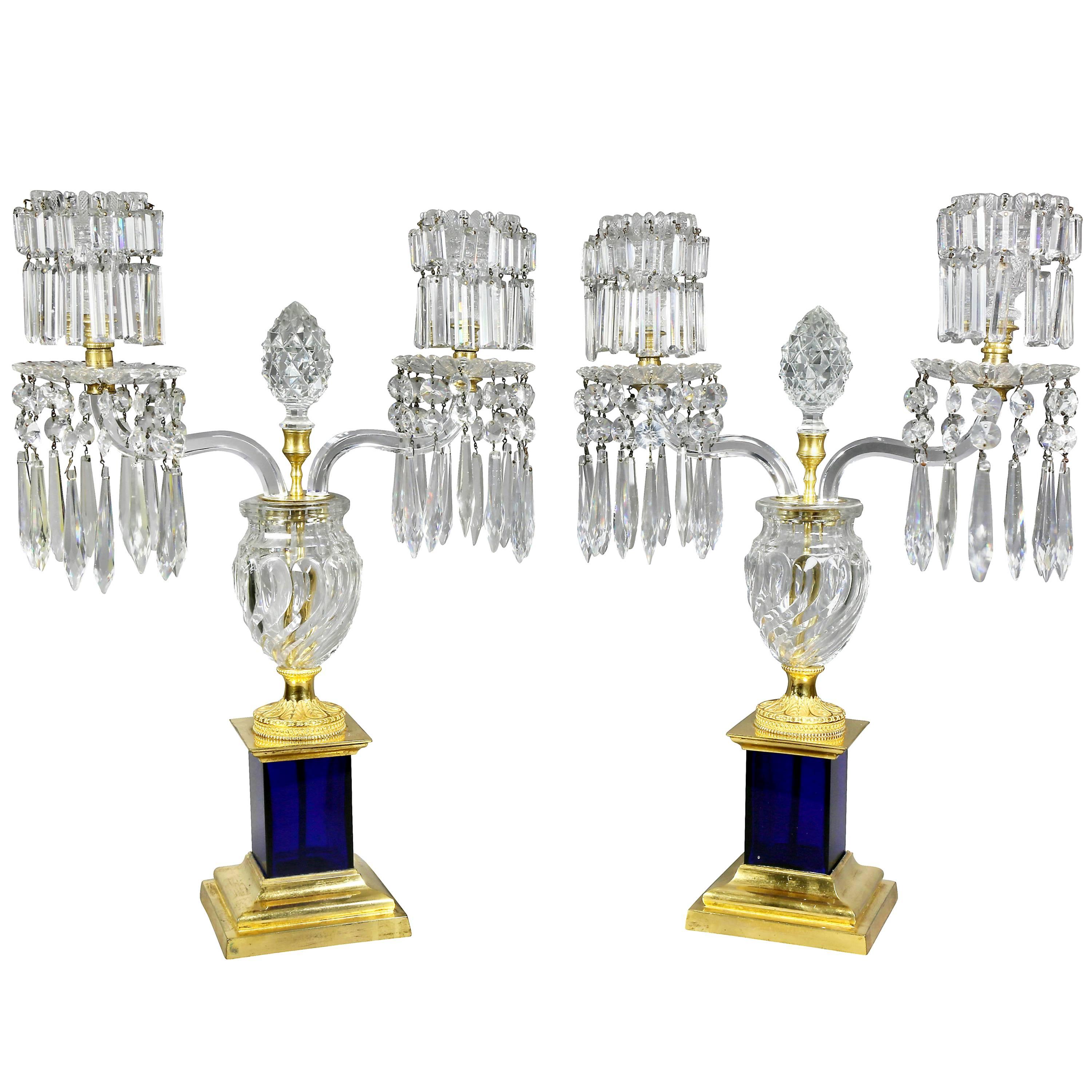 Pair of Regency Cut-Glass & Gilt Bronze Candelabra, Attributed to Parker & Perry For Sale