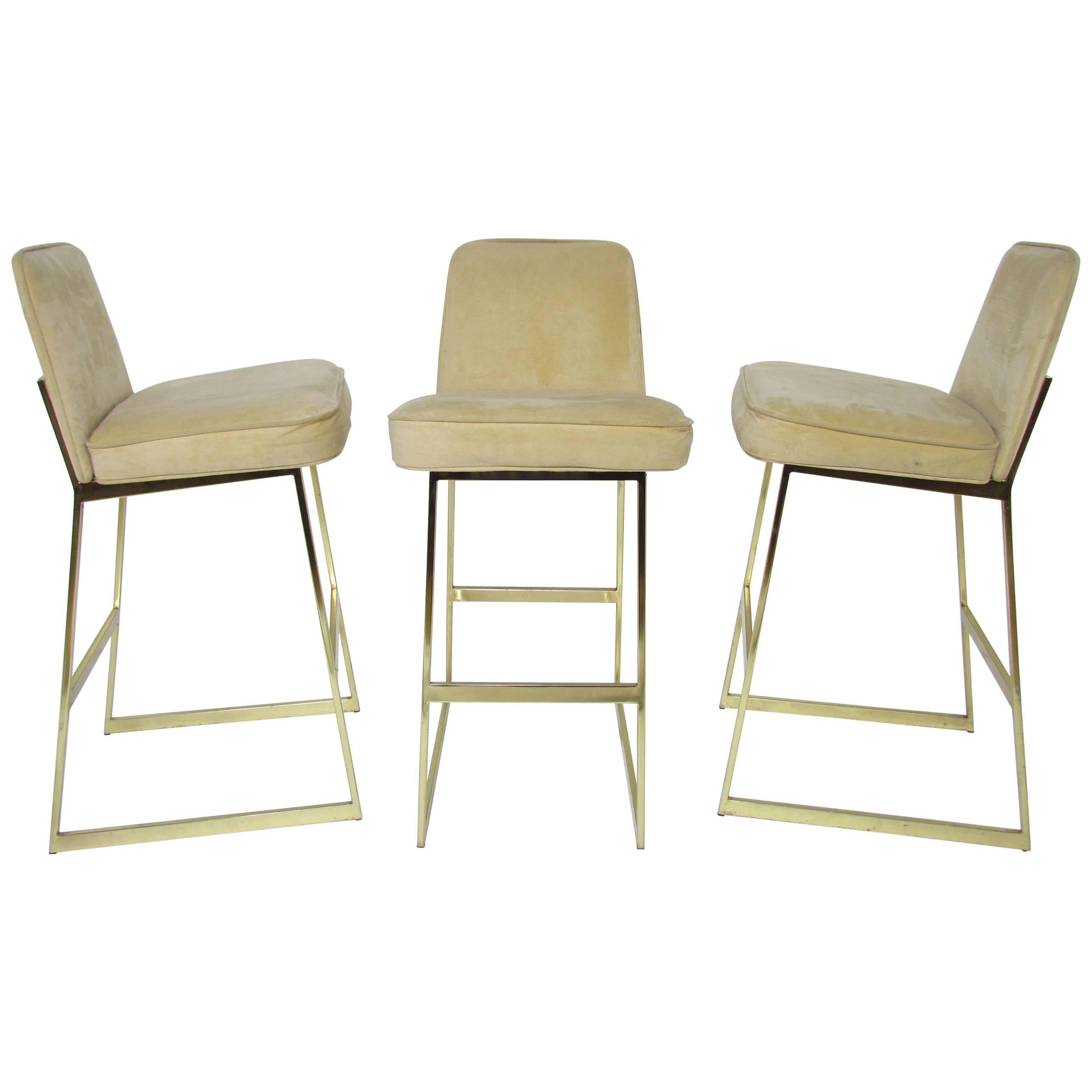 Set of Three Brass Bar Stools in the Manner of Milo Baughman by Tri-Mark