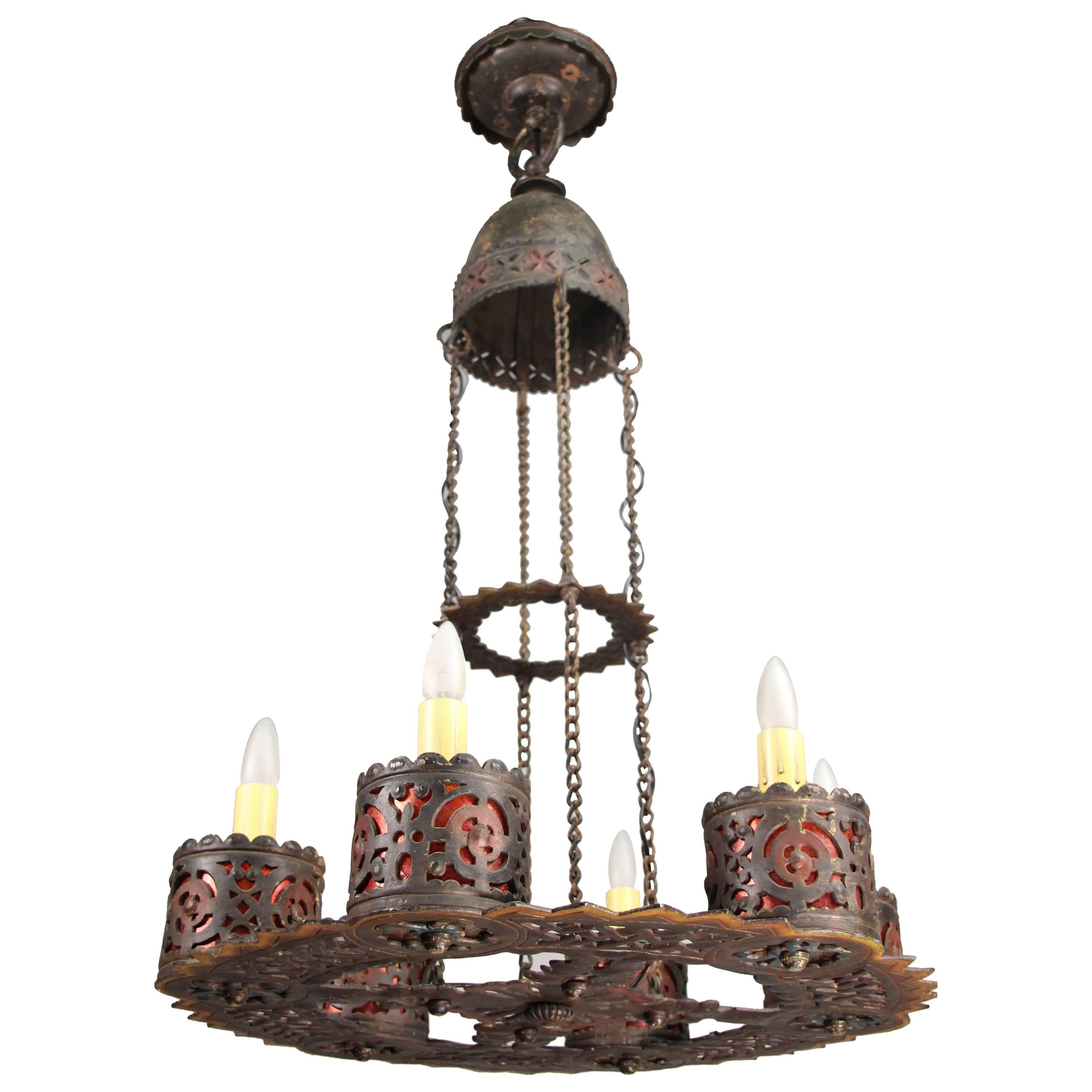 Outstanding 1920s Wrought Iron Chandelier with Polychrome, Oscar Bach Attributed