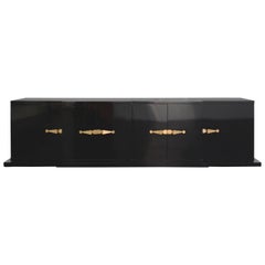 Tommi Parzinger, Large Black Lacquered Cabinet, Brass Pulls, 1960s