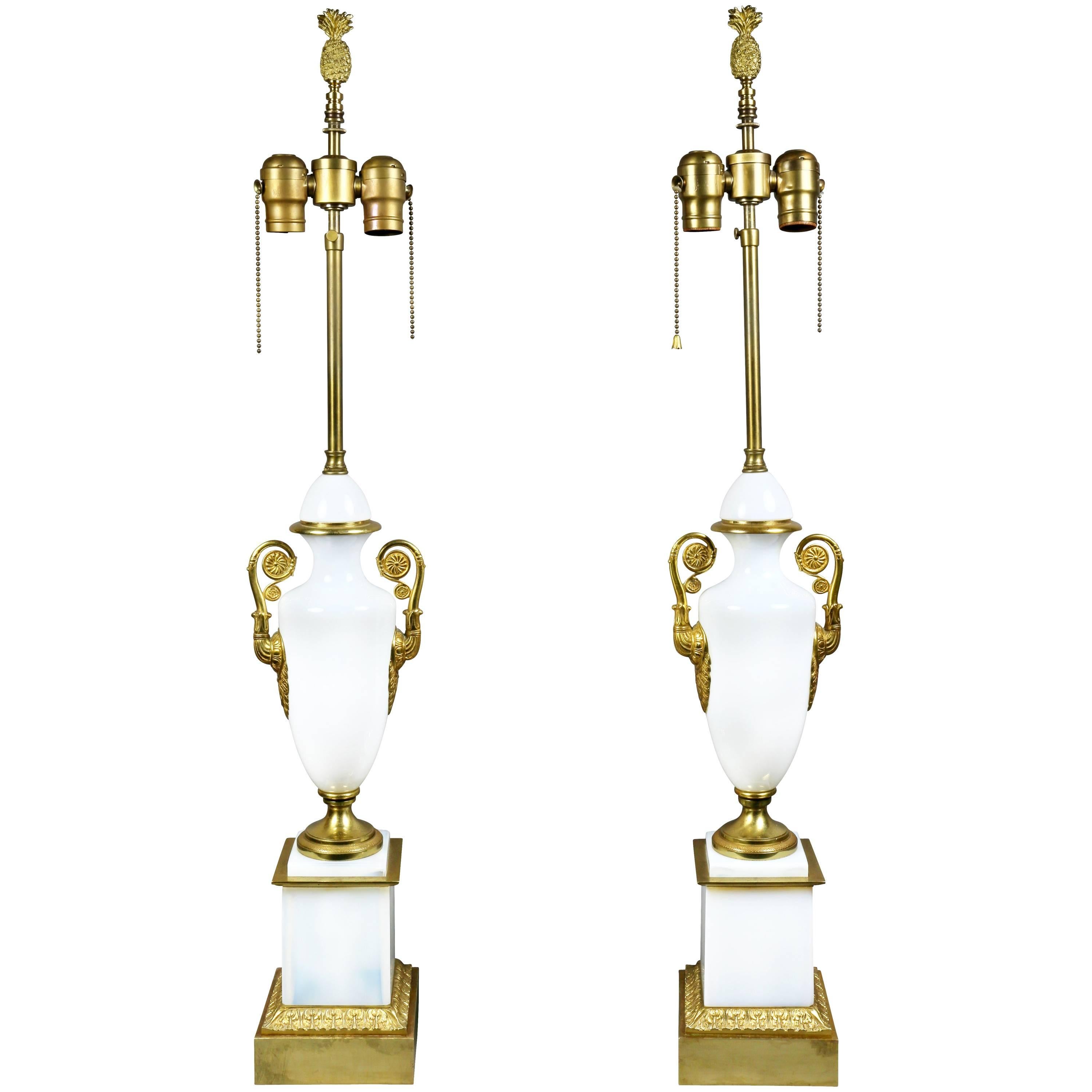 Pair of French Directoire Style Opaline Glass and Gilt Metal Table Lamps