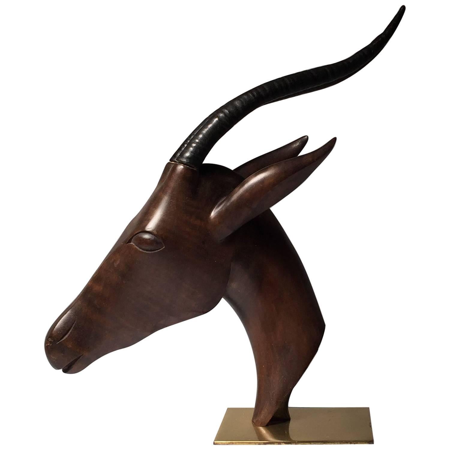 Large Hagenauer Gazelle Wood and Bronze Sculpture