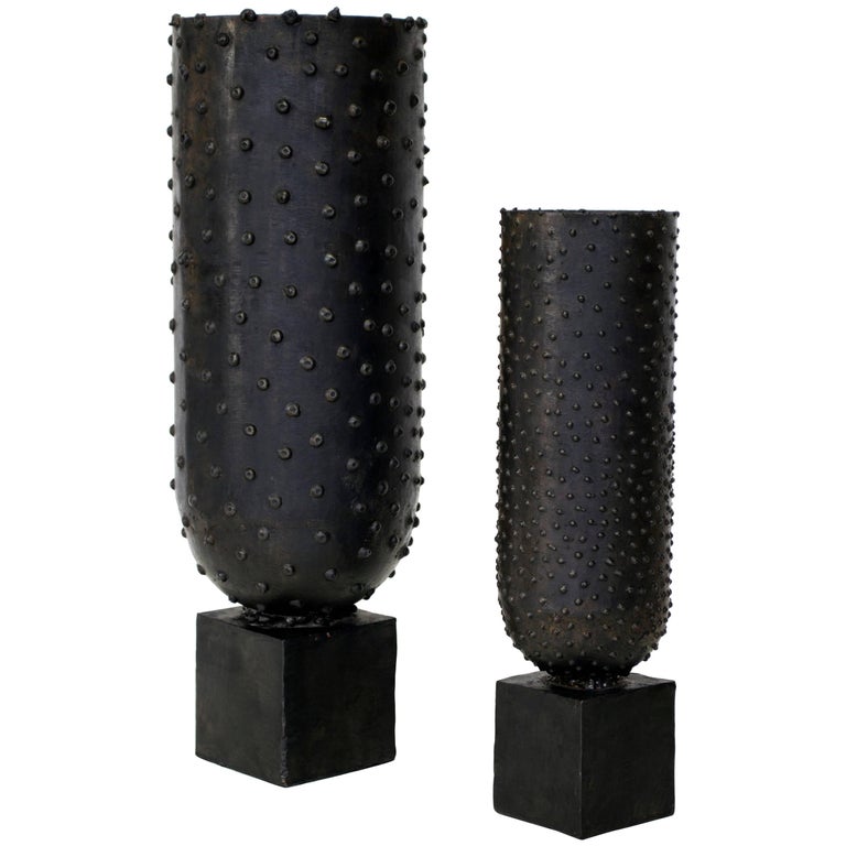 Large Pair of Handmade Modern Geometric Vases, Blackened Steel by JM Szymanski For Sale at 1stdibs