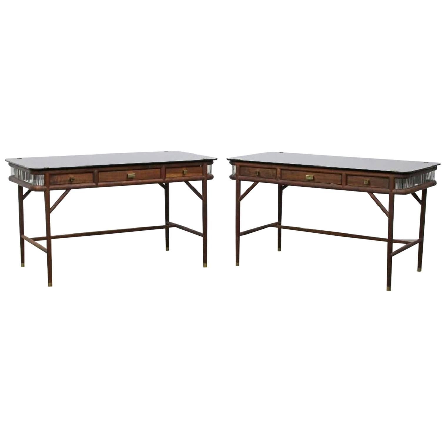 Westin Mitchell Parlor Modern Desk Walnut Brass Glass, Pair