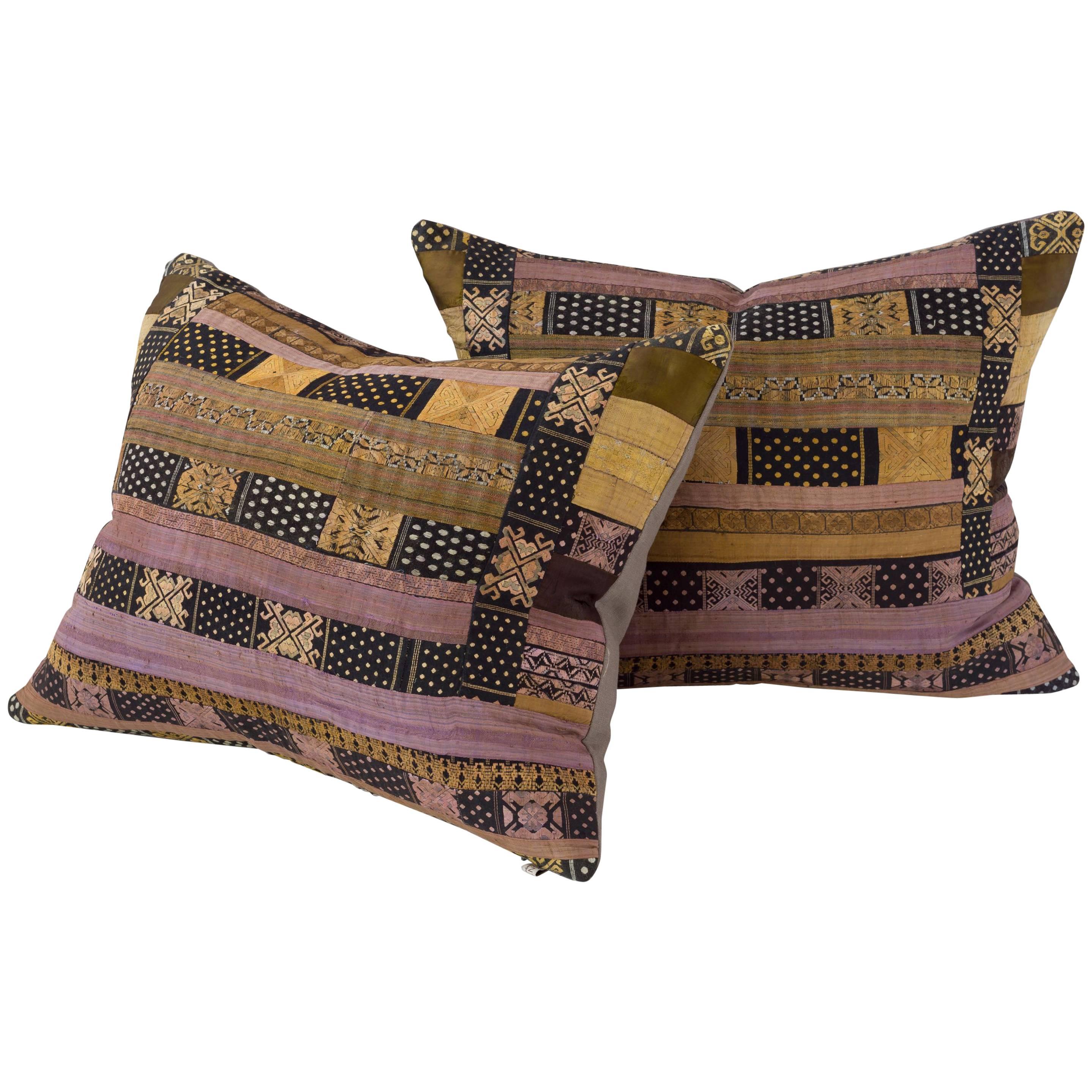 Bronze and Black with Violet Silk Embroidery Cushion For Sale