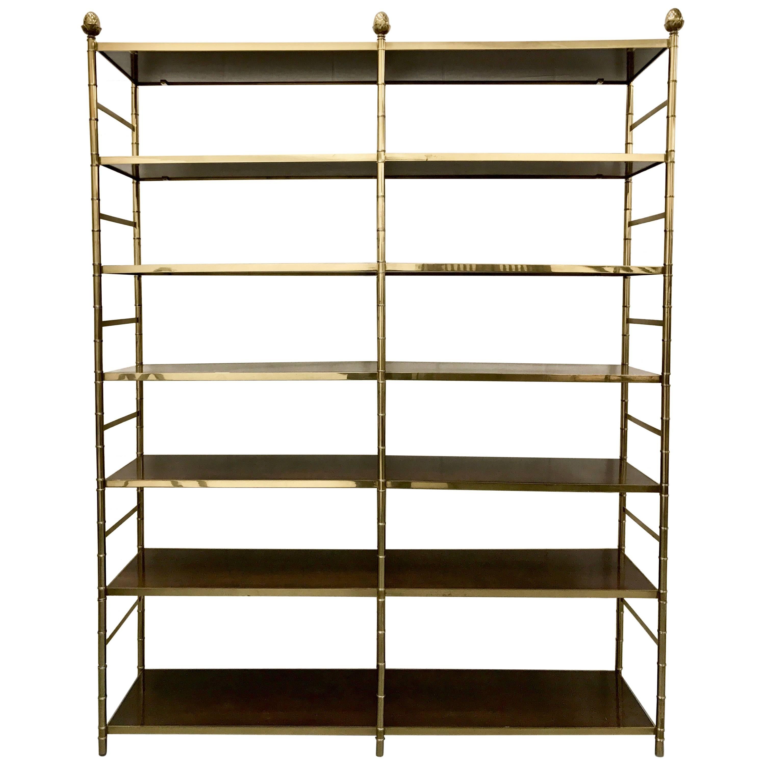 Large Brass Faux Bamboo Etagere with Inset Wood Shelves For Sale