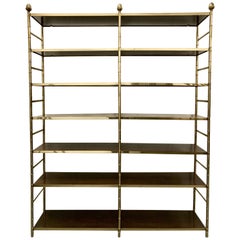 Large Brass Faux Bamboo Etagere with Inset Wood Shelves