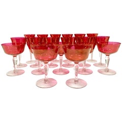 60'S Crystal Optic Cranberry & Clear Footed Stem Drink Glasses S/19