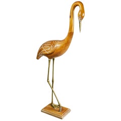 Carved Pine and Brass Figure of a Crane